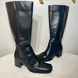Laura Scott Boots Y2K Black Leather Knee High Zip Square Toe Chunky Dressy 7M